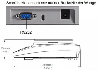 Details der Waage. Abbildung zeigt seitliche Abmessungen und Schnittstelle an der Rückseite